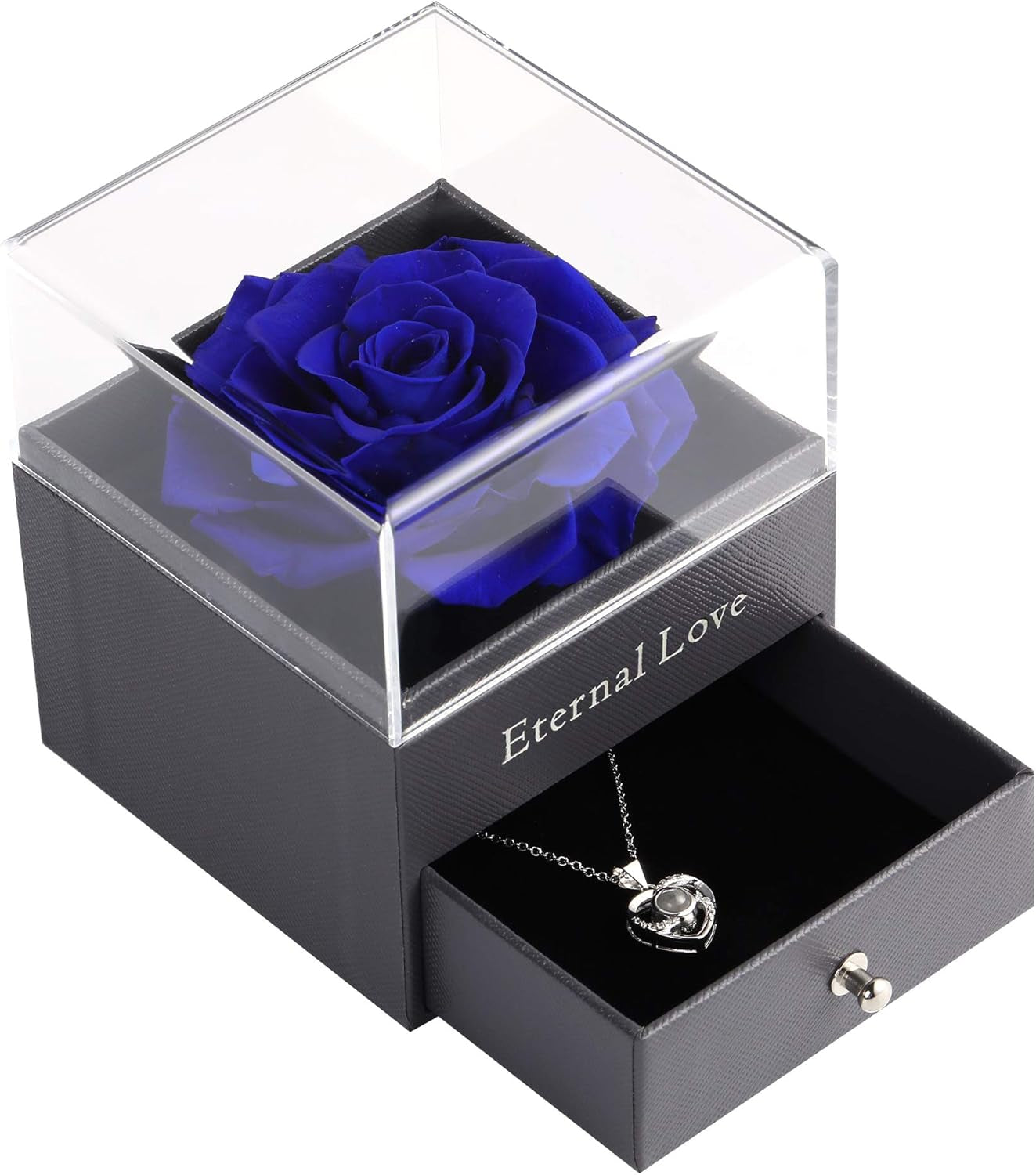 Mothers Day Flower Gifts for Her, Preserved Real Flower Rose with Silver-Tone Heart Necklace I Love You in 100 Languages Gift Set, Enchanted Flower Rose Gifts, Blue